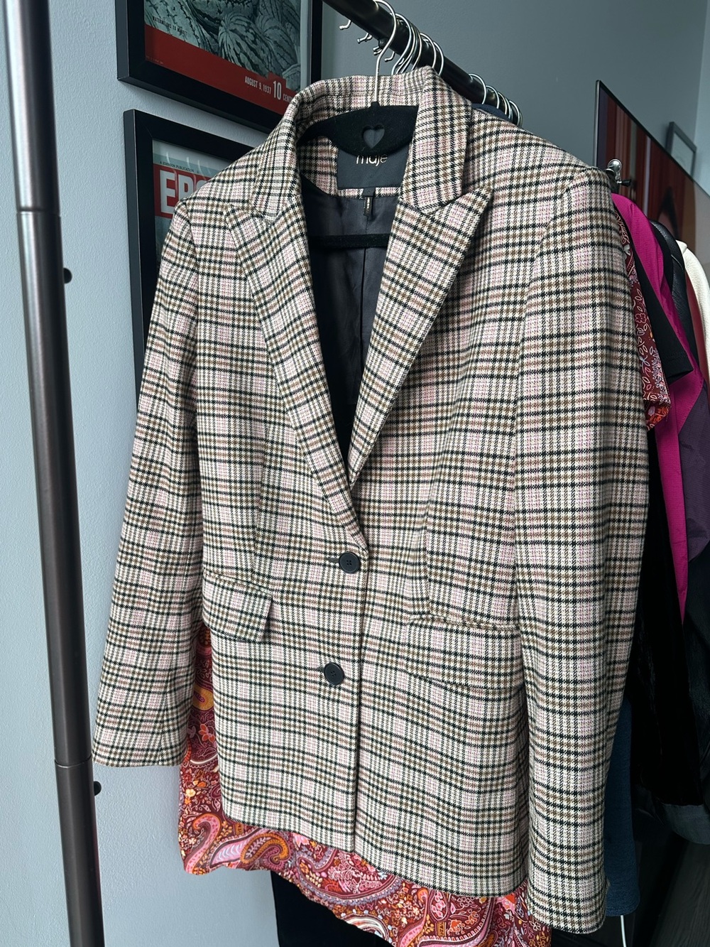 Maje Pink Plaid Tailored Blazer with Subtle Black & Cream Checks